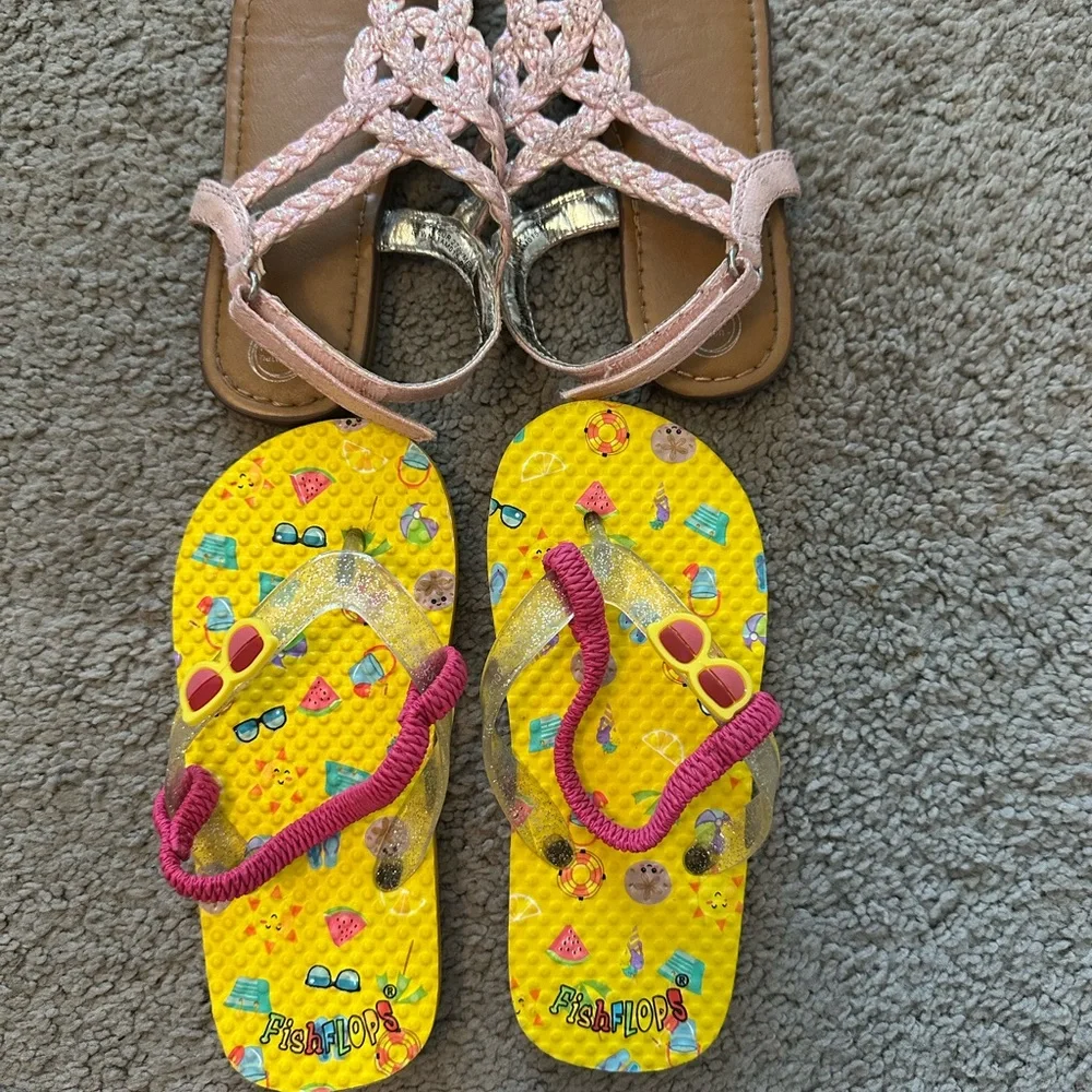 Kids Yellow and Pink Flip Flops & Pink Sandals size 10